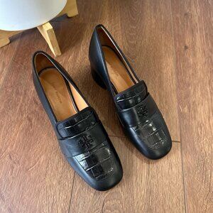 Womens Tory Burch Black Blocked Heel Everly Embossed Croc Leather Pump 5.5 EUC